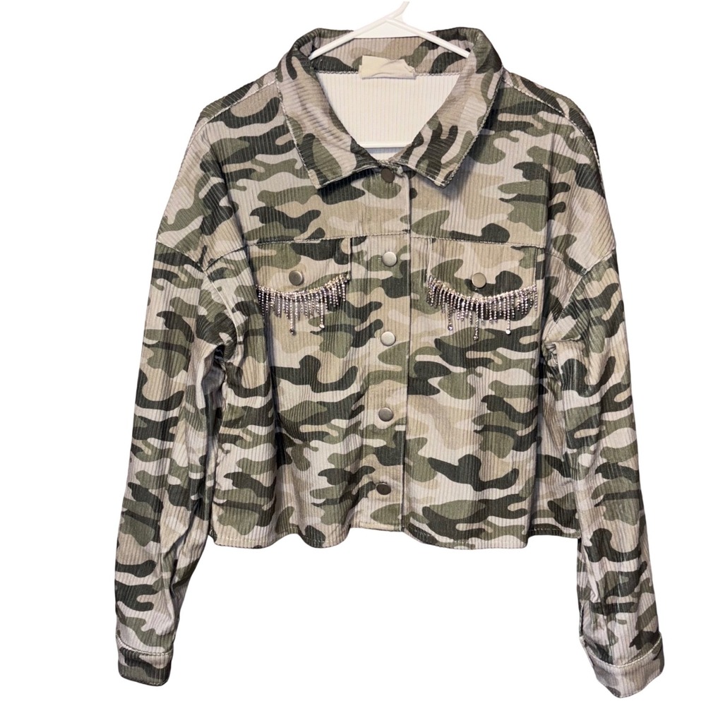 Savannah Jane Women's Medium Camo Corduroy Jacket Green‎ Rhinestone Fringe